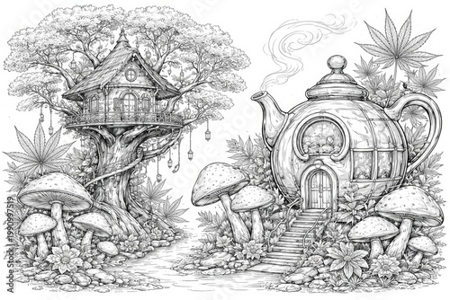 A whimsical tree house and futuristic teapot home with mushrooms and hemp leaves on a white background coloring page