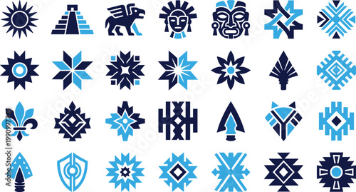 Collection of cultural and symbolic icons Native American and Mayan motifs.