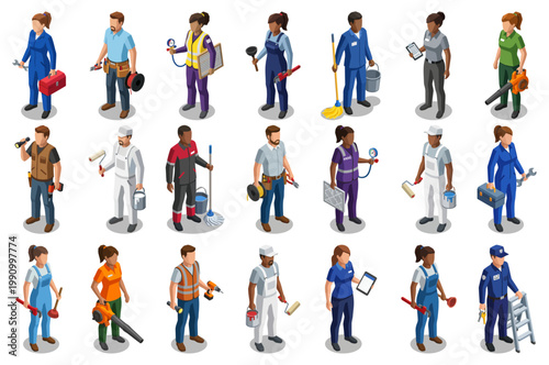 Maintenance and facilities crew set | diverse repair technician and worker collection | isometric vector people for building and industrial services