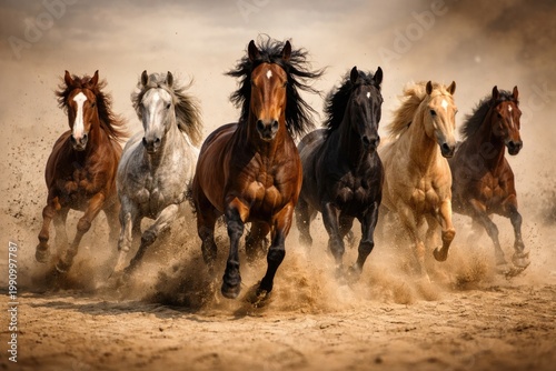 Seven spirited horses charging forward across a vast sandy terrain in motion