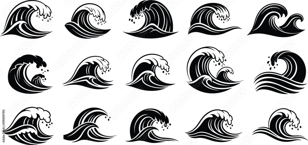 Fototapeta premium A collection of stylized black wave illustrations arranged in a grid pattern on a white background high quality professional detailed modern