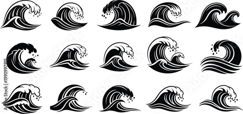 A collection of stylized black wave illustrations arranged in a grid pattern on a white background high quality professional detailed modern