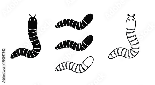 Charming cartoon worms in various poses a striking black silhouette