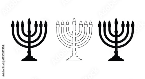 Three hanukkiah depictions in varied styles a striking silhouette