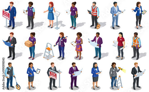Real estate and property professionals set | diverse realtor and agent character collection | isometric vector people for housing and development