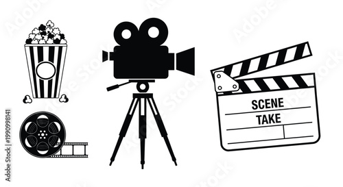 Cinema elements including a camera clapperboard and popcorn silhouette