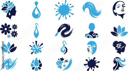 Beauty logos and icons of woman face, flowers, water drops and splashes.