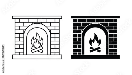 Classic brick fireplace icon with burning logs in outline and solid glyph styles for interior design and home heating branding projects