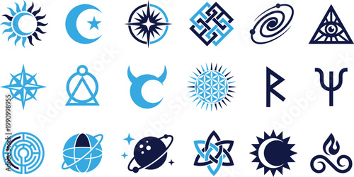 Set of mystical and spiritual symbols for esoteric and magic on white background.