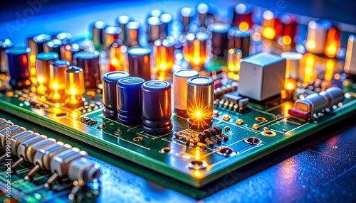 Close‑up of illuminated breadboard with glowing LEDs, capacitors, and resistors, symbolizing electronics prototyping, experimentation, and active circuit design.