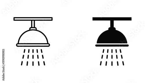 Ceiling fire sprinkler system equipment icon set with outline and solid glyph styles for architectural building safety and fire protection plans