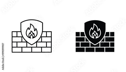 Cybersecurity firewall protection shield with burning flame symbol in outline and solid black vector icons for network security and data safety concepts