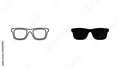 Minimalist eyeglasses icon set featuring thin outline and solid black silhouette versions for fashion retail and eyewear branding design projects