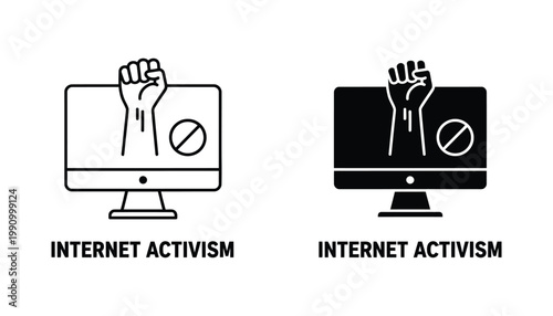 Internet activism concept with raised fist holding forbidden sign inside computer monitor display outline and silhouette vector icons set for digital rights advocacy and social awareness campaigns