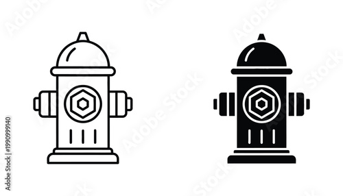 Fire hydrant emergency equipment in line art and solid black silhouette vector style for urban safety and fire protection infrastructure visualization and design assets