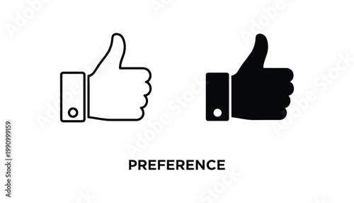 Thumbs up preference icon set showing social media interaction and user satisfaction feedback in outline and solid black vector style for digital platforms