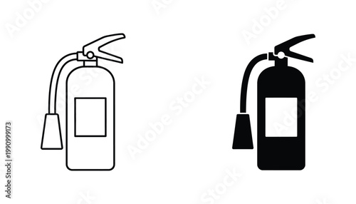 Fire extinguisher safety equipment icon for fire protection and emergency response plans in clean outline and solid black vector style for industrial graphics