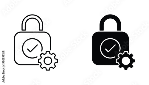 Security padlock with gear and checkmark icon for system settings and secure data management interface