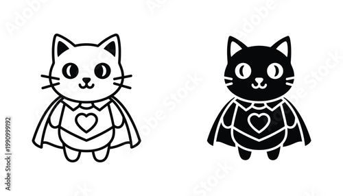 Superhero cat character icon with heroic cape and heart emblem for cute pet branding and mascot design