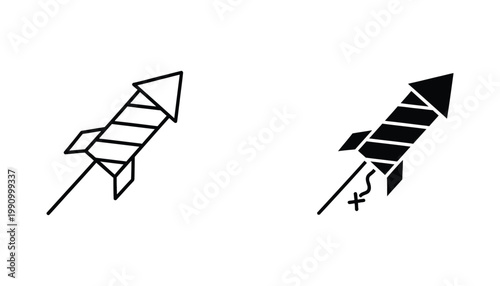 Explosive firework rocket icon set for celebration and pyrotechnic events in outline and solid black vector styles for party invitation design and festival branding graphics and web app elements