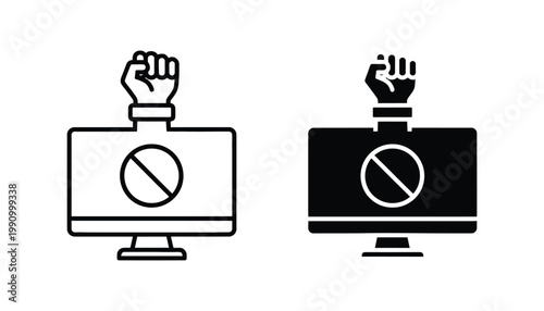 Computer screen with hand holding fist icon set representing digital protest and internet censorship in outline and solid black vector styles for cybersecurity and social activism graphic projects