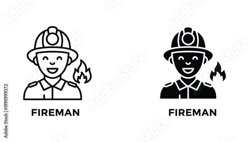 Professional fireman character icon set with helmet and fire flame background in outline and solid black graphic styles for emergency services safety training and firefighter recruitment materials