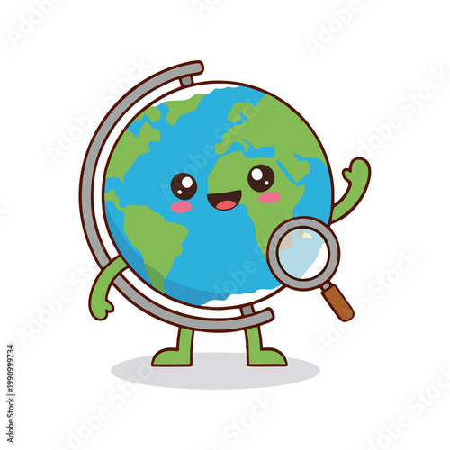 Cute cartoon globe character with a magnifying glass, symbolizing cheerful global exploration, learning, and geographical discovery on a friendly planet
