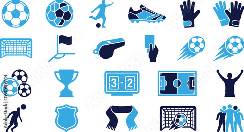 Soccer and football equipment and game elements icons.