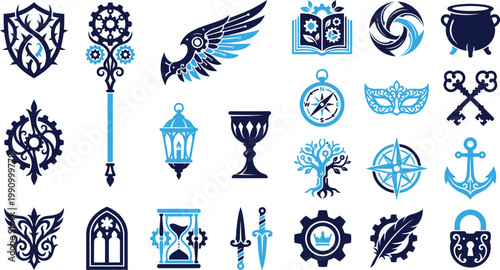 Fantasy and medieval objects icons for games and magical themes.