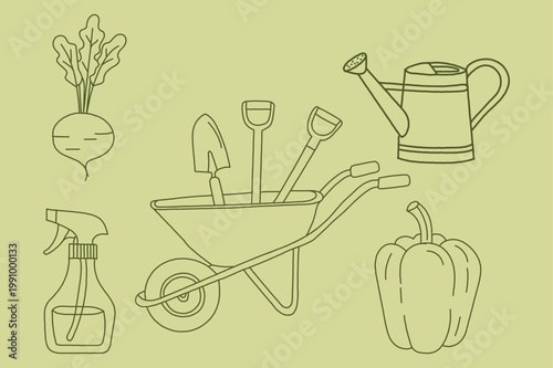 Hand drawn vector illustration set of garden vegetables and kitchen food icons featuring cooking plants and restaurant design symbols
