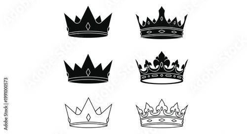 Variety of ornate royal crowns displayed in detailed black silhouette
