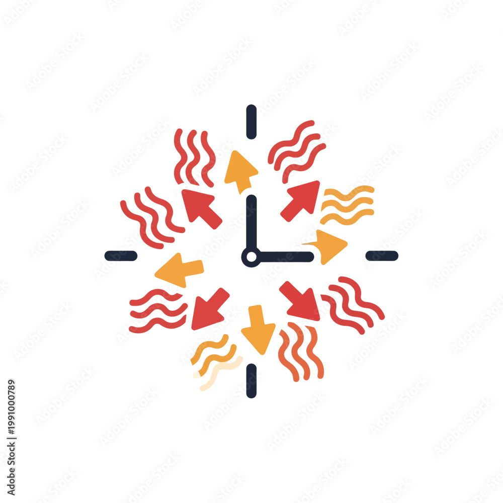 Fototapeta premium A clock surrounded by arrows and wavy lines.