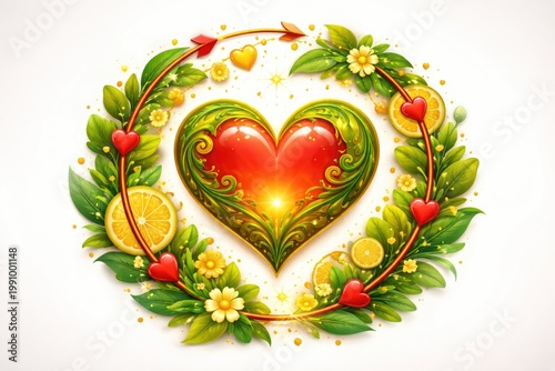 Vibrant heart illustration featuring green and yellow motifs with red arrows in a circular layout symbolizing love on a white backdrop