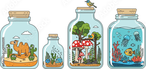 Isolated set of different green, brown, and yellow glass bottles and jars for medical drug syrup or healthy herbal oil liquid on a white background with no people