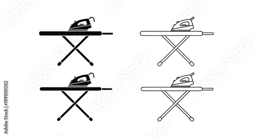Four depictions of an ironing board and iron in varying styles silhouette