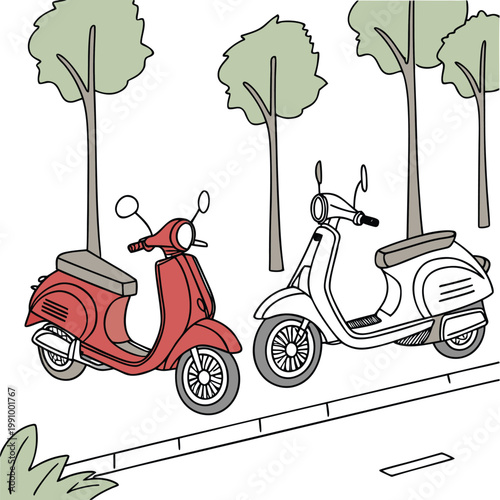 Two scooters parked on sidewalk next to trees and grass