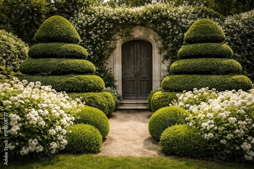 Beautifully manicured green topiary surrounded by white blossoms near stone doors