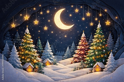 Decorative paper cut winter night scene with glowing golden stars crescent moon and vibrant Christmas trees on navy background