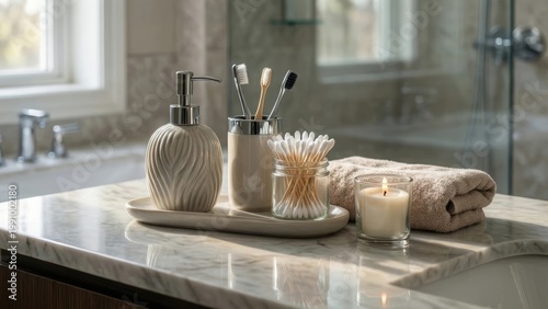 Modern Bathroom Sink with Marble Countertop, Towels and Spa Accessories - Luxury Interior Detail