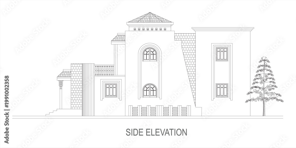 Naklejka premium Modern 2 Storey Villa Side Elevation CAD Vector Illustration, clean architectural house elevation isolated on white background EPS 10