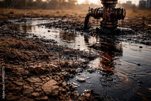 Oil contamination on soil surface from well head leakage with copy space for text