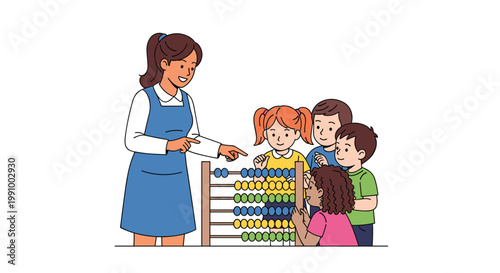 An encouraging female teacher demonstrates basic arithmetic to a group of young students using a large wooden abacus with colorful beads in class.