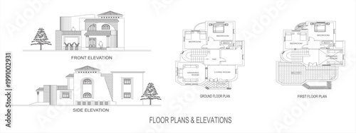 Modern 2 Storey Villa Floor Plans and Elevations CAD Vector Illustration, clean house plans and elevations isolated on white background EPS 10