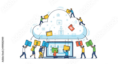 Active workers collaborate to transfer numerous colorful digital file folders between a large laptop computer and a massive cloud storage icon.