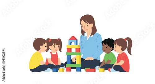 A friendly female educator guides a diverse group of young children as they construct a tall colorful tower using primary colored building blocks.