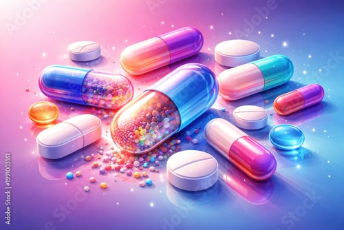 Stylized linear gradient illustration of pharmaceutical capsules and pills