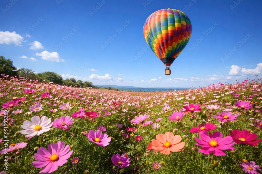 Naklejka premium Brightly patterned hot air balloon floating above a flourishing cosmos flower garden with a crisp blue horizon