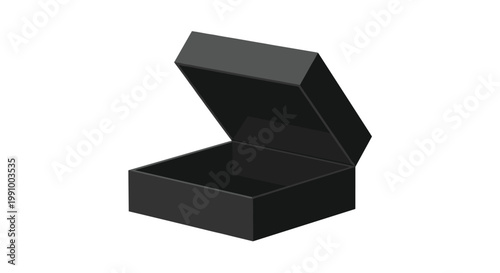 A sophisticated matte black square gift box stands open to reveal its empty dark interior while casting a soft shadow on a pristine white surface area.