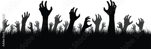 "Silhouettes of human arms and hands reaching upward from dark ground, symbolizing struggle, chaos, desperation, and yearning in dramatic contrast"Mobile