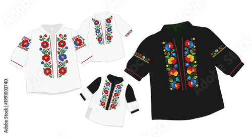 Four traditional Ukrainian vyshyvanka shirts featuring intricate red and blue floral embroidery are displayed in various sizes under bright studio lighting.